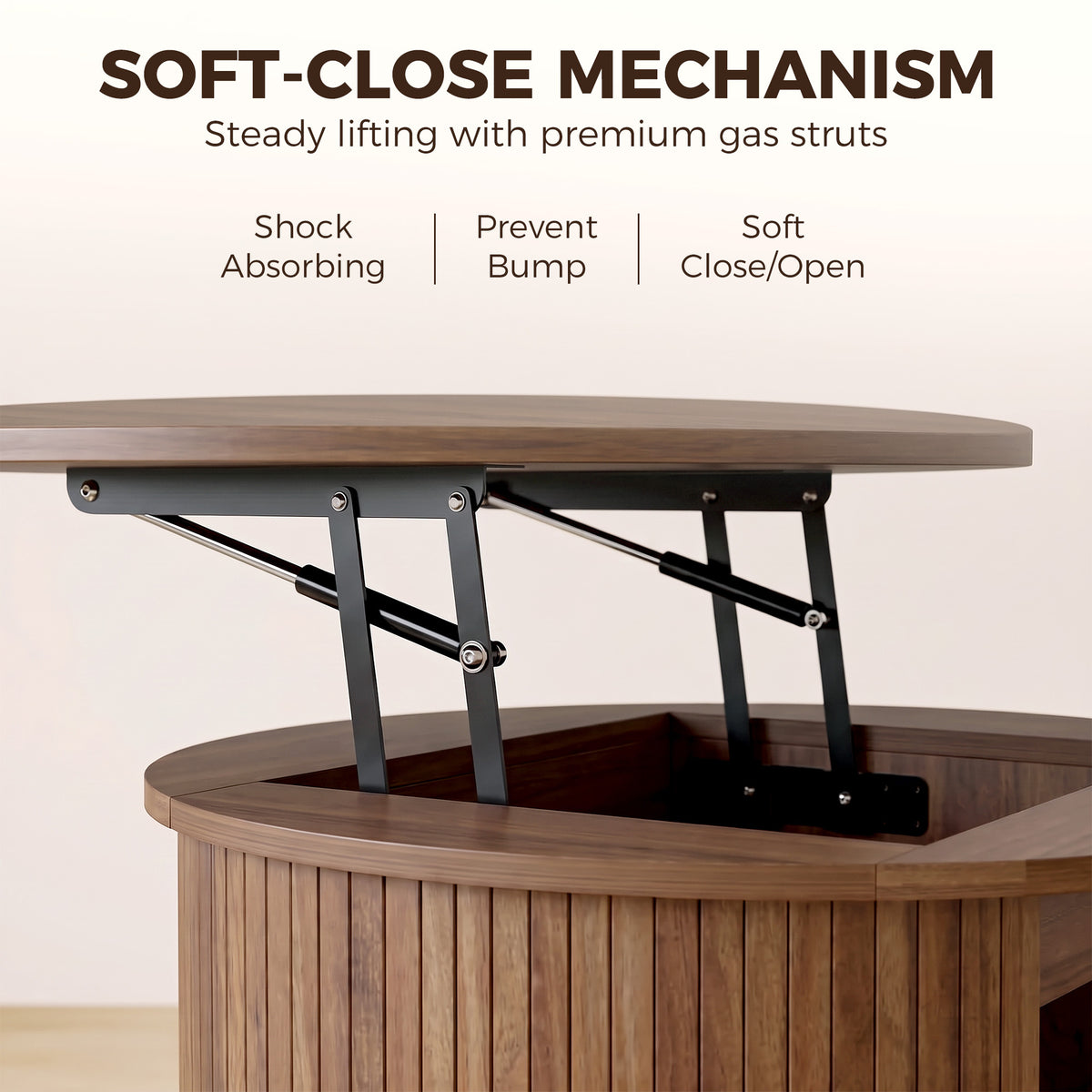 Round Fluted Lift-Top Coffee Table with Tambour Door Storage, Walnut