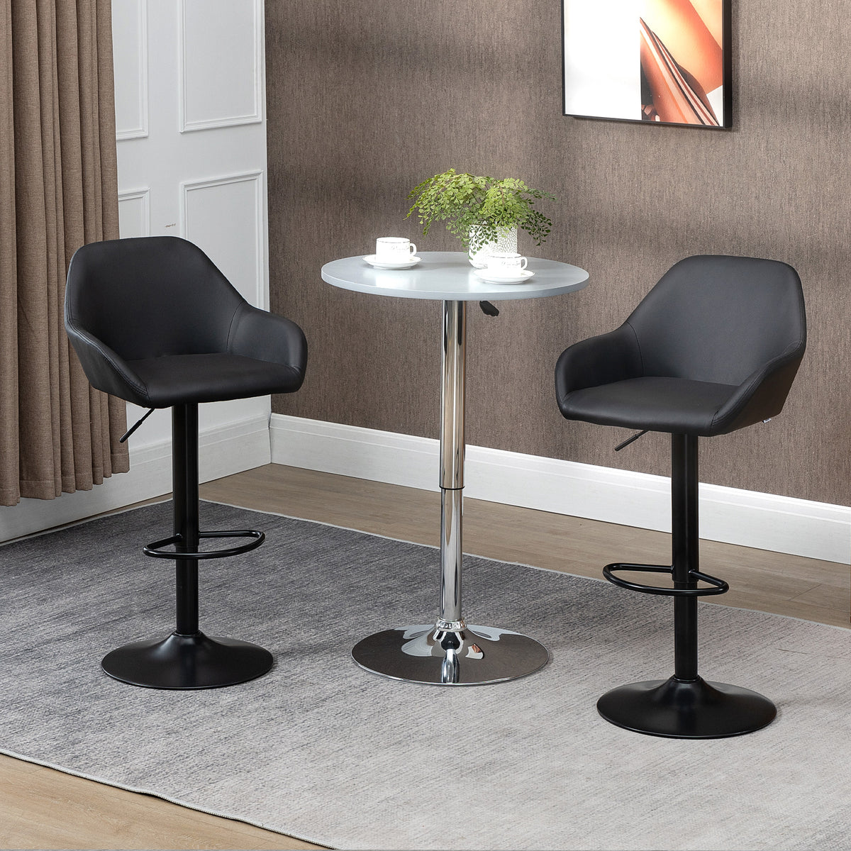 Retro PU Leather Swivel Bar Stools with Footrest and Mid Back, Round Base, Set of 2, Black