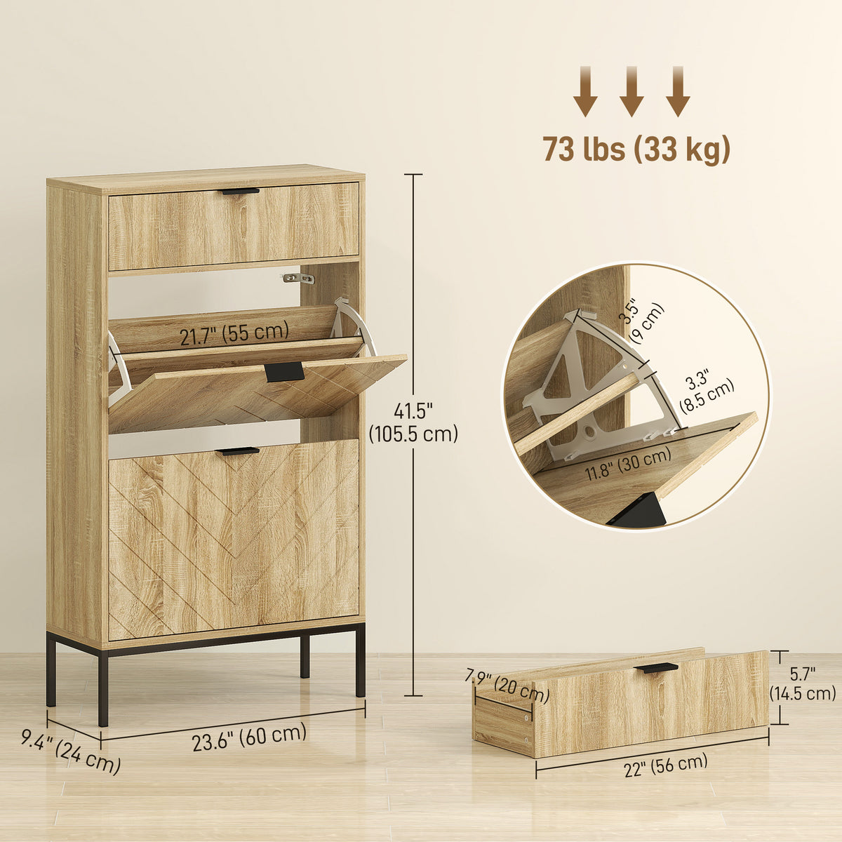 Narrow Shoe Storage Cabinet with Flip Drawers – 24"W x 42"H