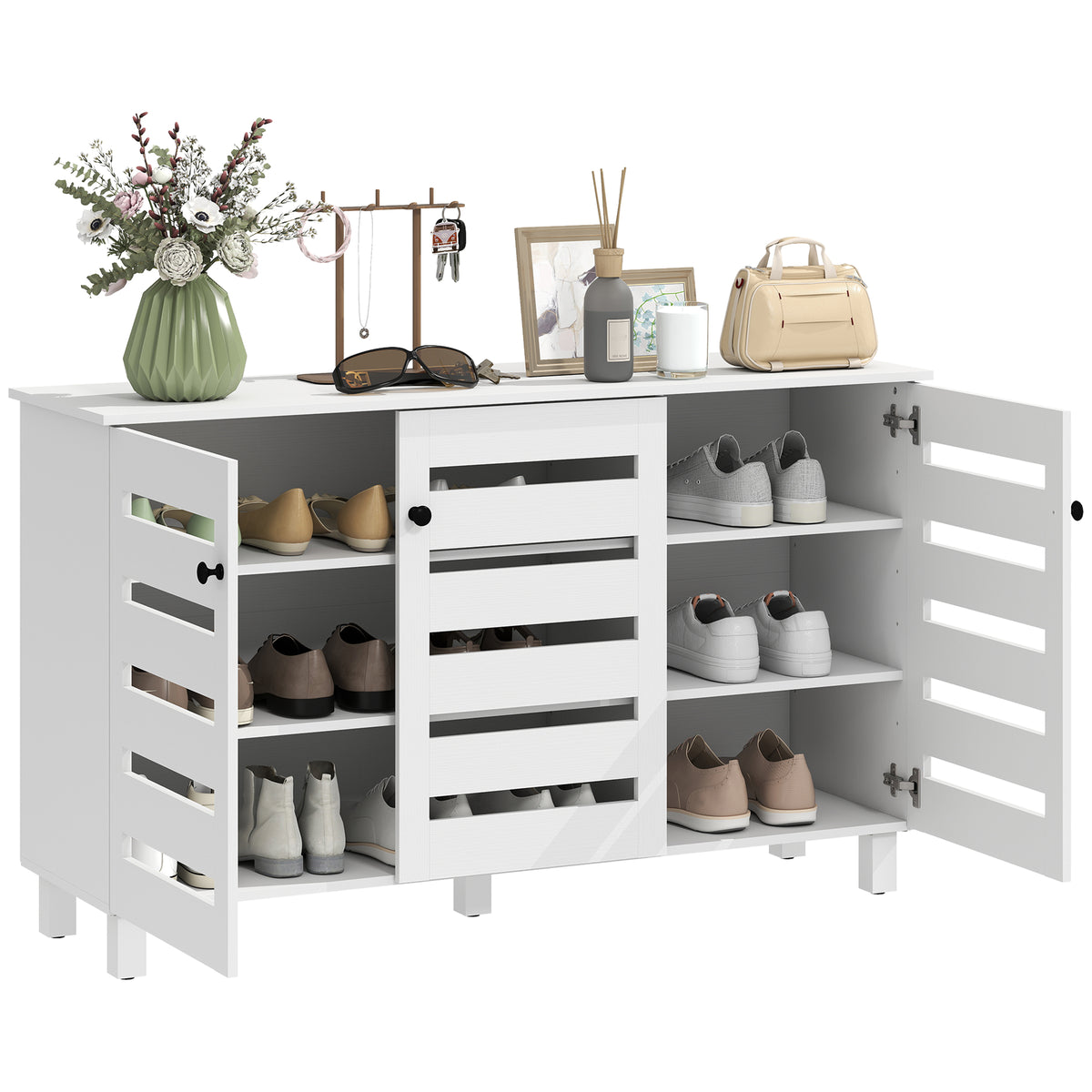 Shoe Cabinet with 3 Slatted Doors – 44"W x 26"H