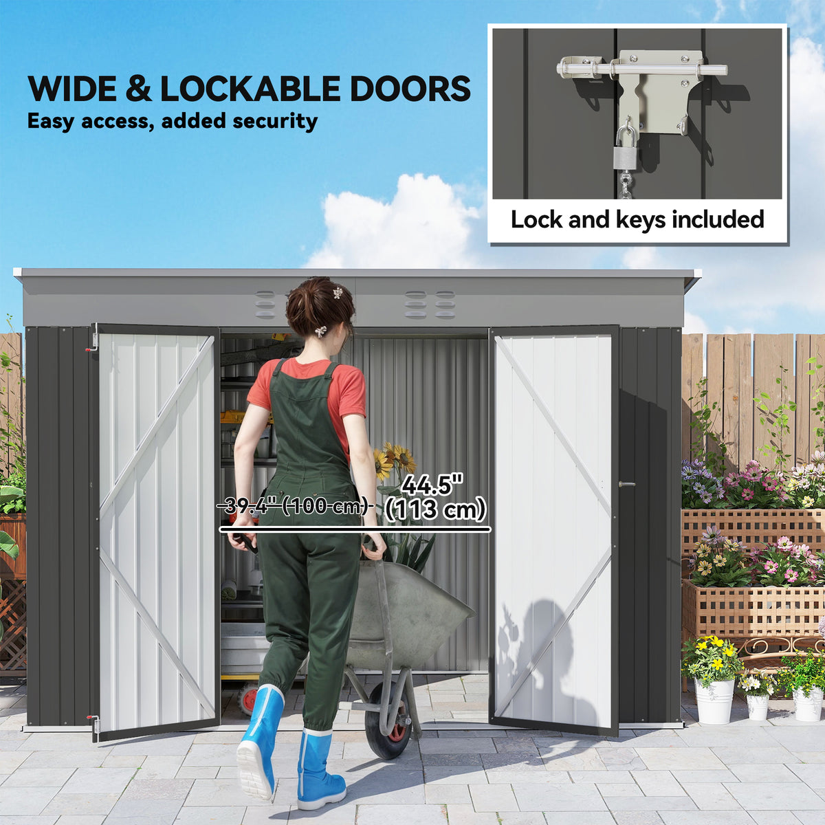 9' x 4' Galvanized Steel Garden Storage Shed with Lockable Doors, Gloves and 2 Air Vents for Backyard, Patio, Lawn – Dark Grey