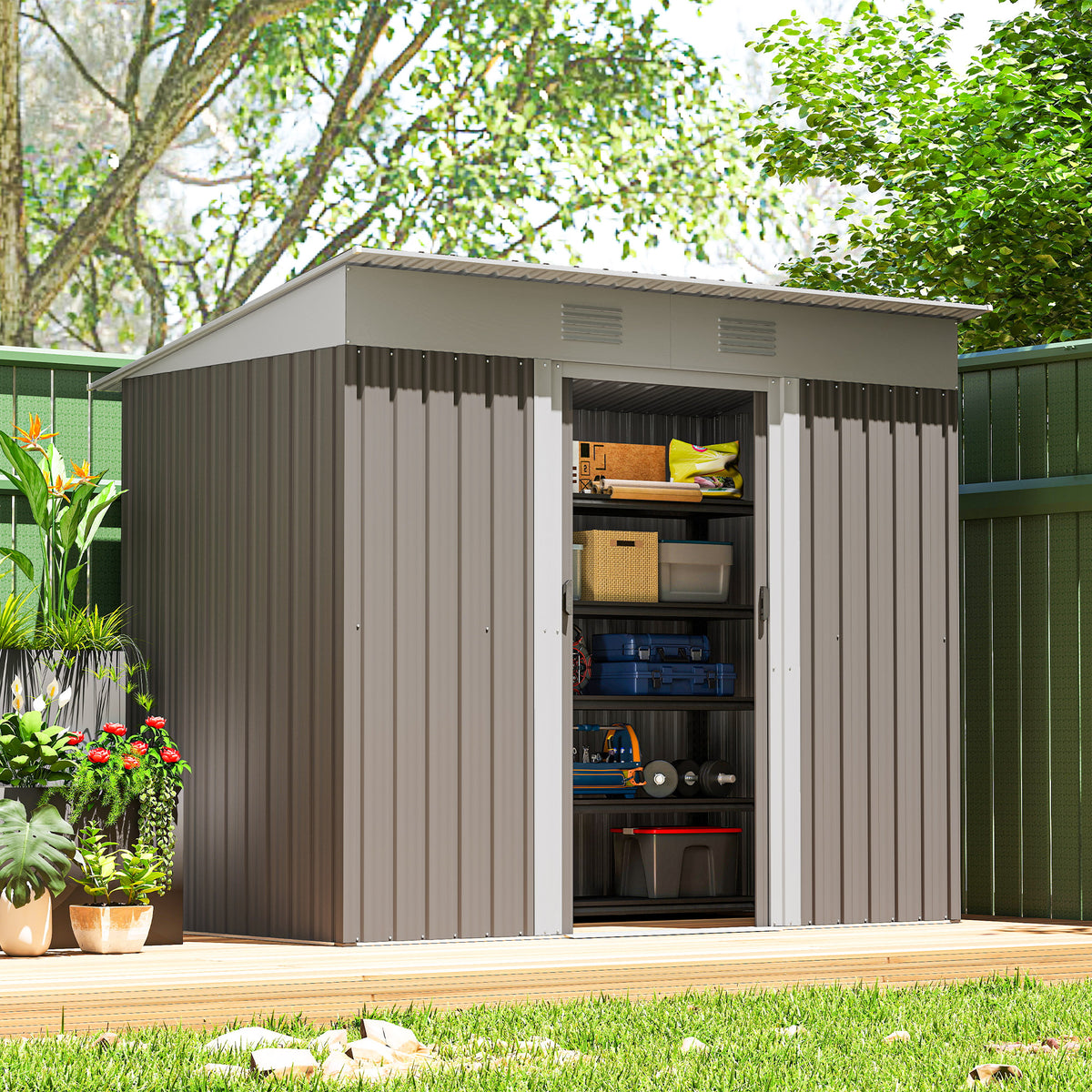7' x 3.6' Outdoor Storage Shed, Metal Garden Tool Storage House Organizer with Lockable Sliding Doors and Vents for Backyard Patio Lawn – Light Grey
