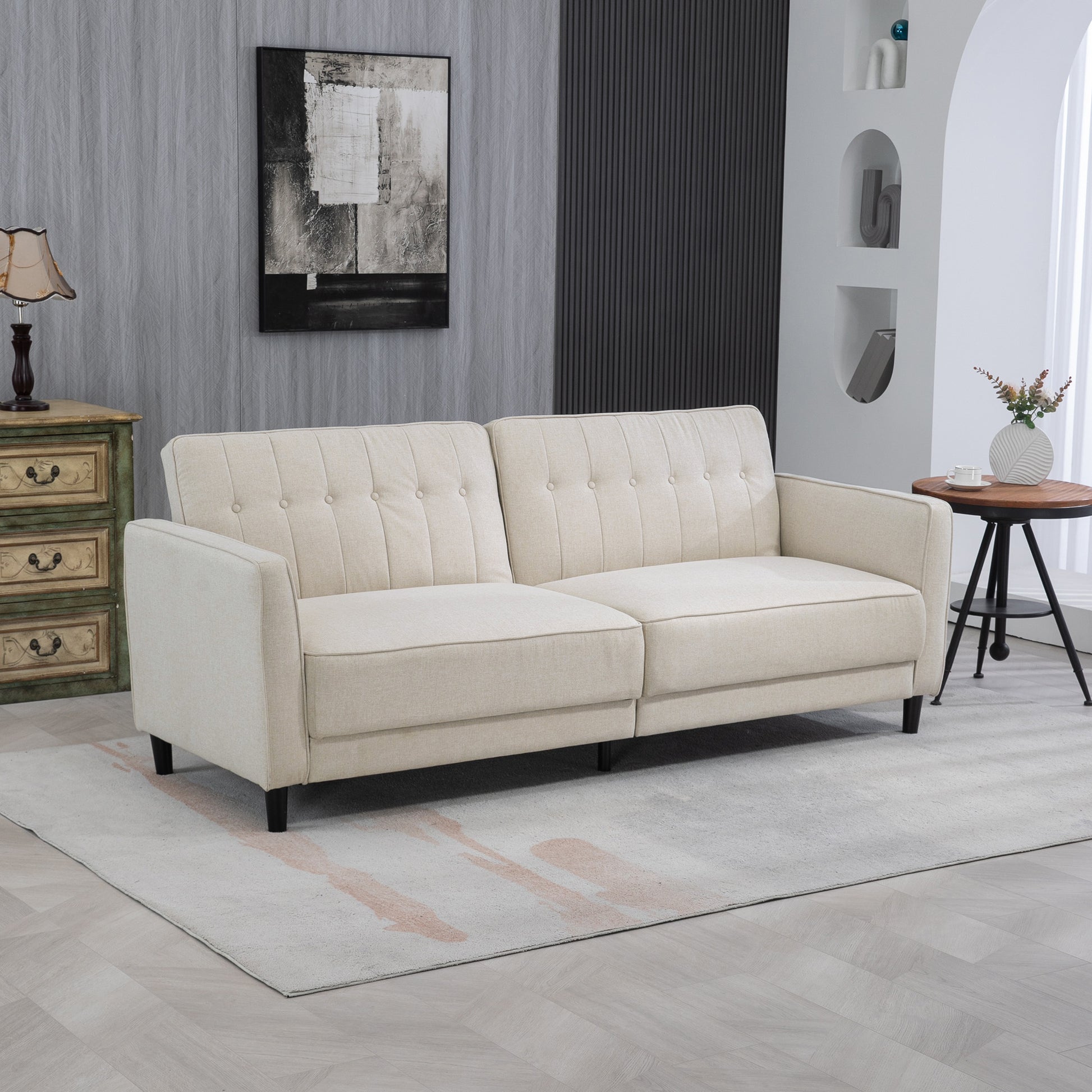 HOMCOM Button Tufted Fabric Couch Bed with Adjustable Back for Living Room