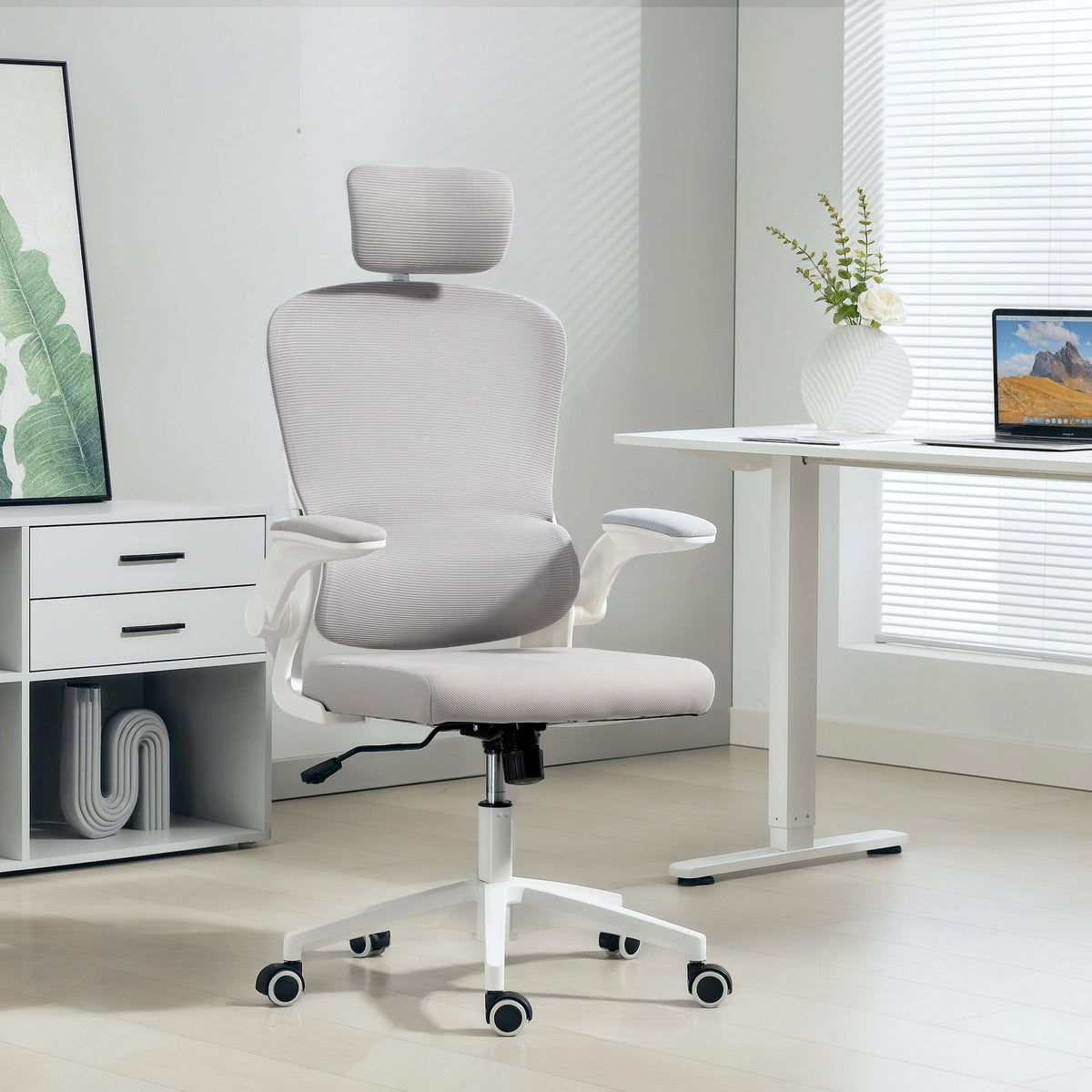 Ergonomic Mesh Office Chair, High Back Desk Chair with Rotatable Headrest, Grey