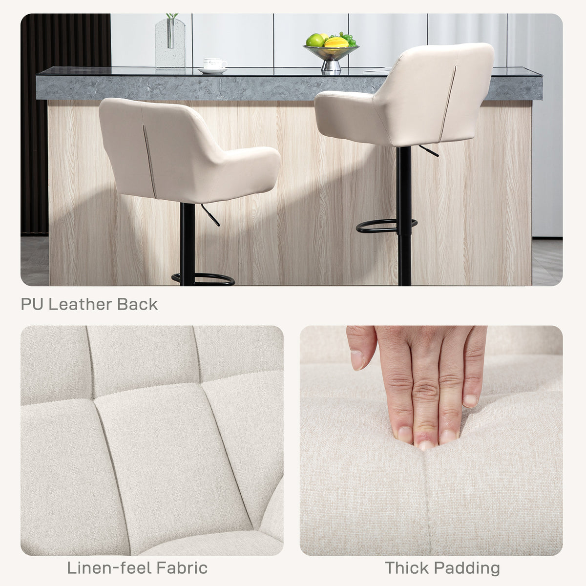 Tufted Swivel Bar Stools with Armrests and Chrome Base, Set of 2, Cream White