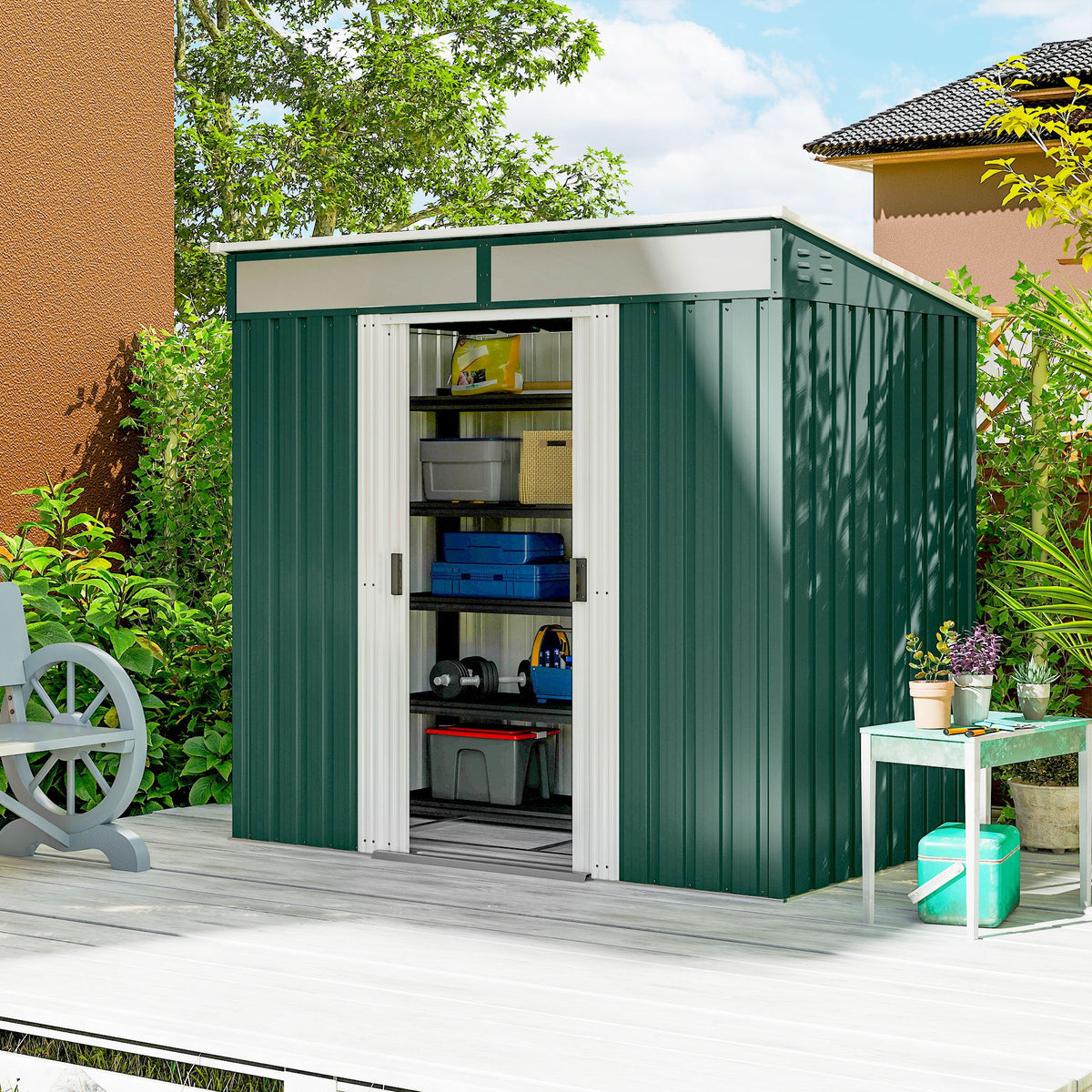 6.5 x 4 ft Garden Tool Shed, Galvanised Steel Outdoor Storage with Lockable Sliding Doors, Foundation Kit, Hooks & Vents – Green
