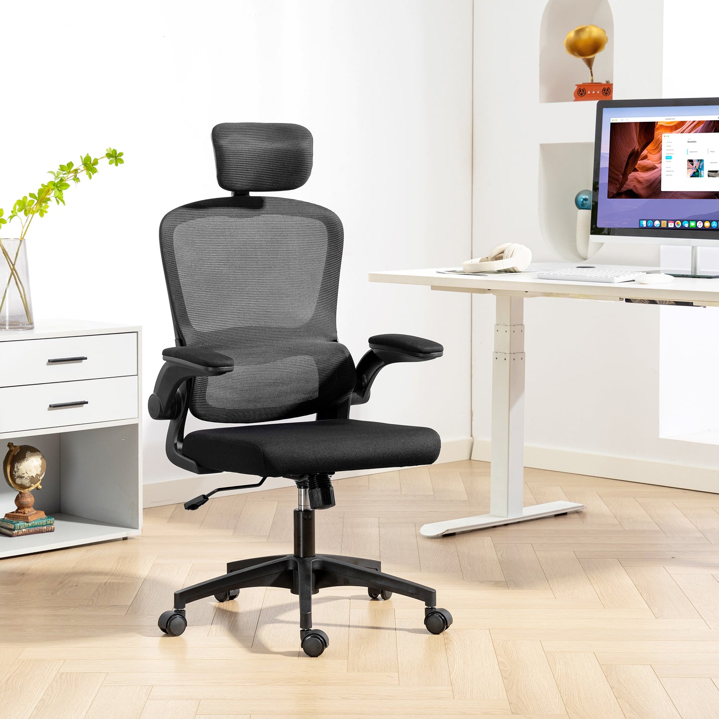 Ergonomic Mesh High-Back Office Chair with Rotatable Headrest, Flip-Up Armrests