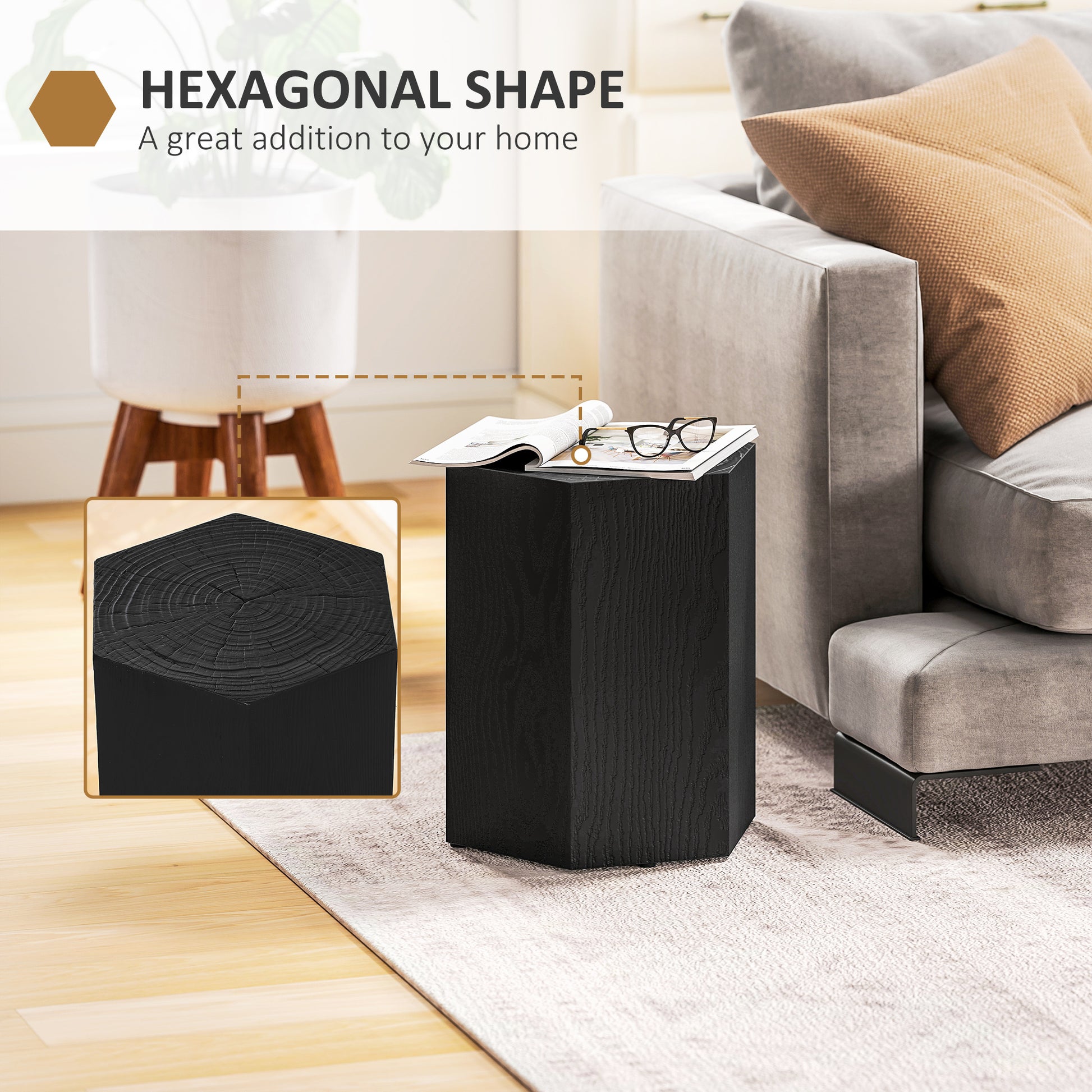 HOMCOM Hexagonal Side Table, Small End Table with Adjustable Feet, Black Wood Grain
