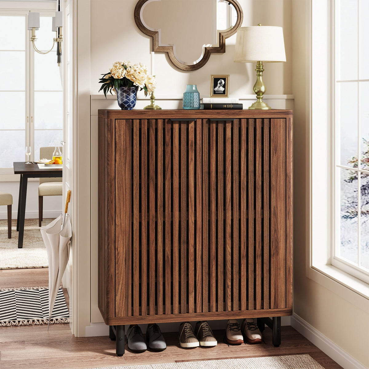6-Tier Shoe Cabinet, Shoe Organizer with Louvered Doors & Adjustable Shelves
