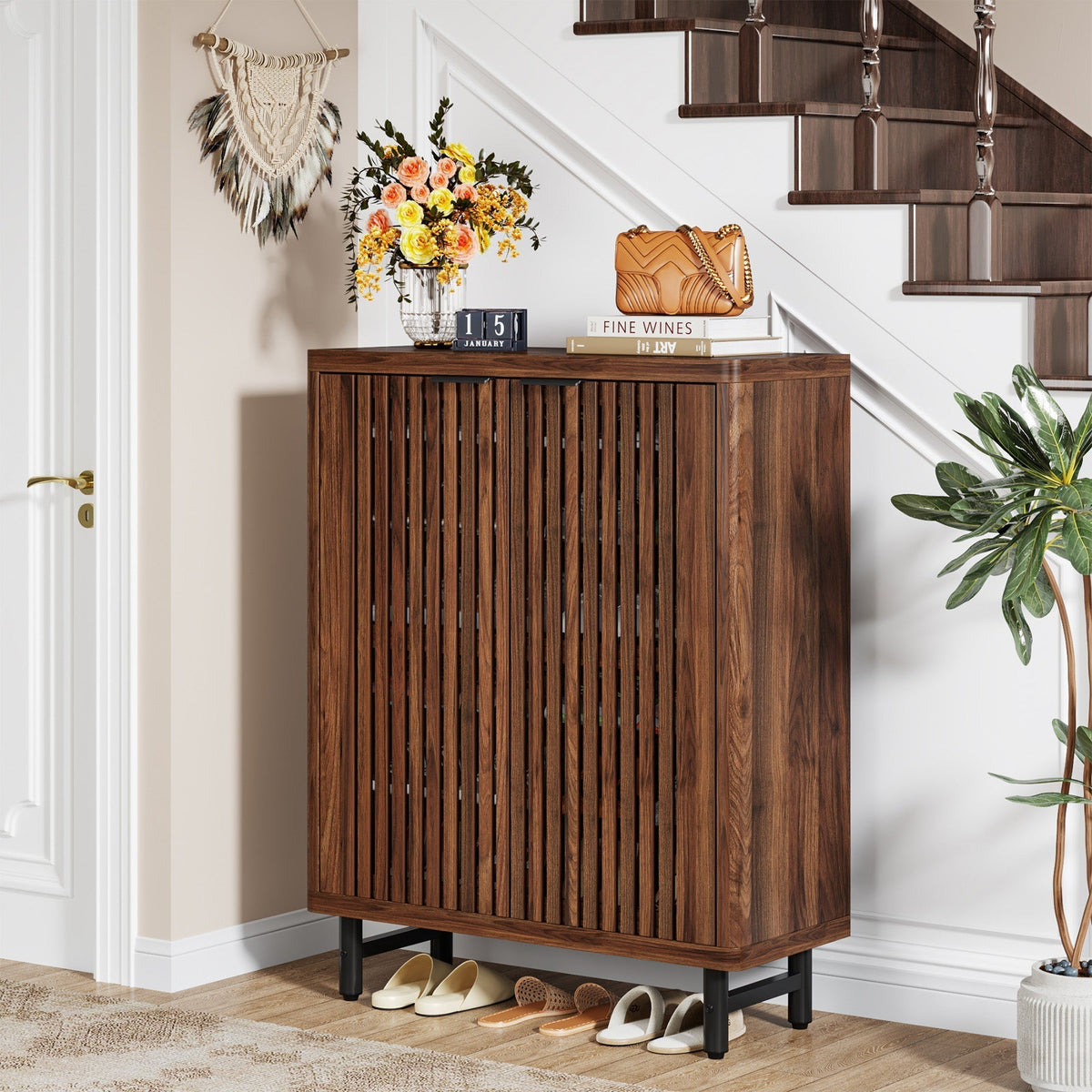 6-Tier Shoe Cabinet, Shoe Organizer with Louvered Doors & Adjustable Shelves