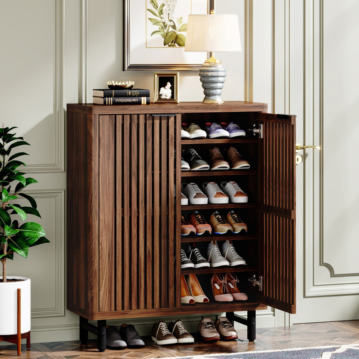 6-Tier Shoe Cabinet, Shoe Organizer with Louvered Doors & Adjustable Shelves