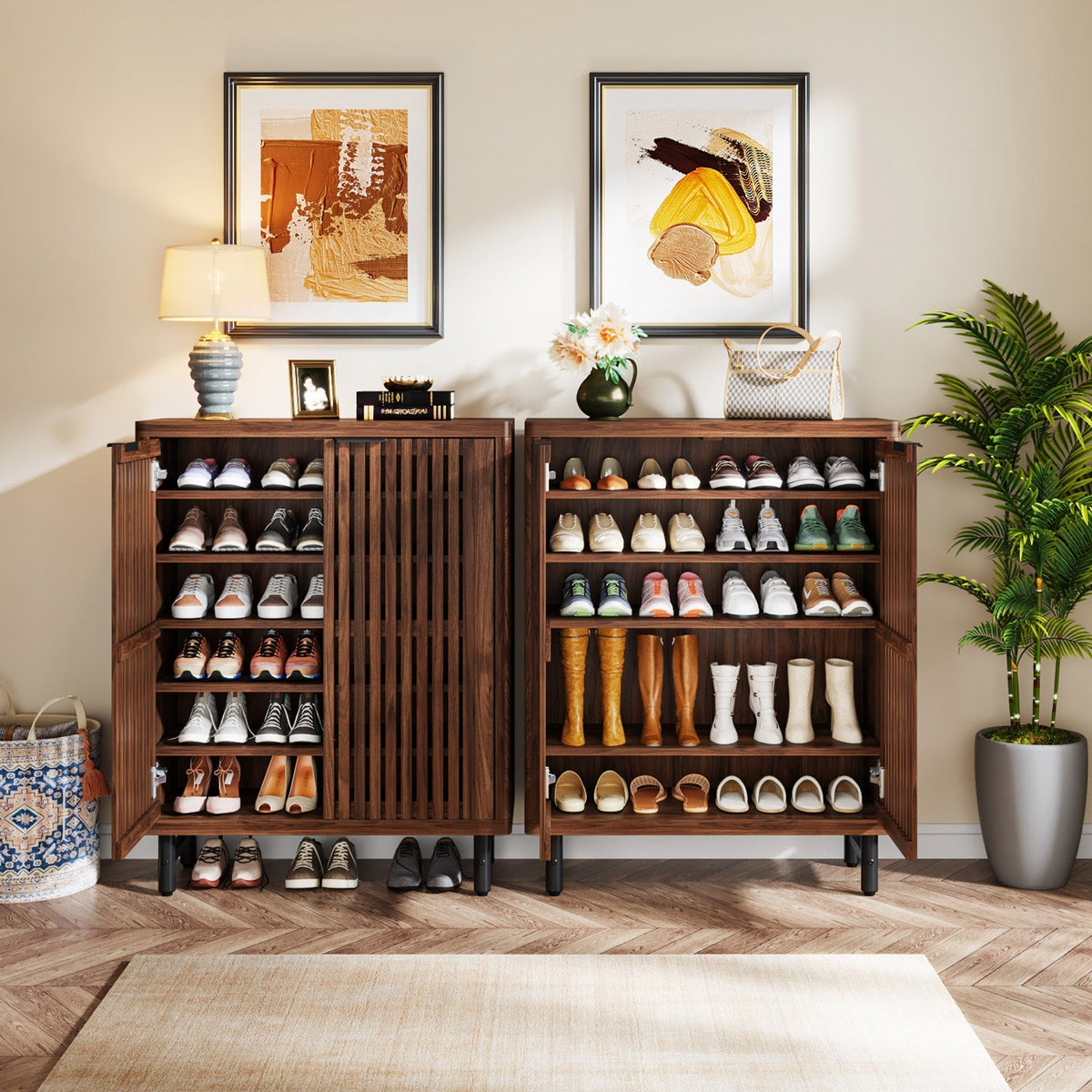 6-Tier Shoe Cabinet, Shoe Organizer with Louvered Doors & Adjustable Shelves