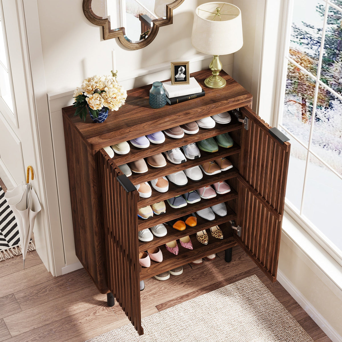6-Tier Shoe Cabinet, Shoe Organizer with Louvered Doors & Adjustable Shelves
