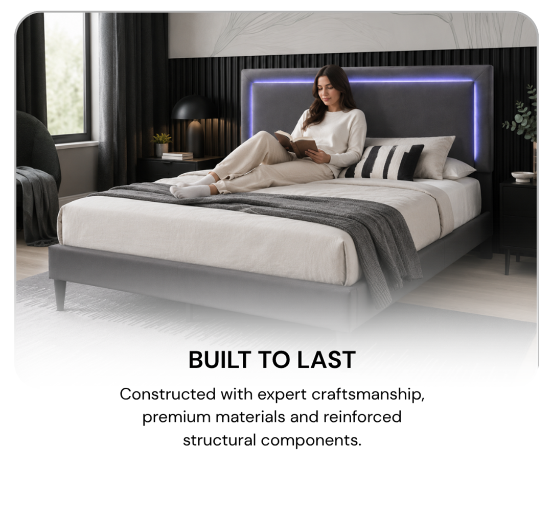 Modern Linen Platform Bed Adjustable LED Headboard T2104