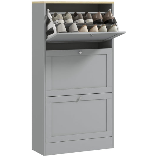 Narrow Shoe Cabinet with 3 Flip Drawers and Adjustable Shelves, Entryway Shoe Storage Unit for 18 Pairs of Shoes, Grey