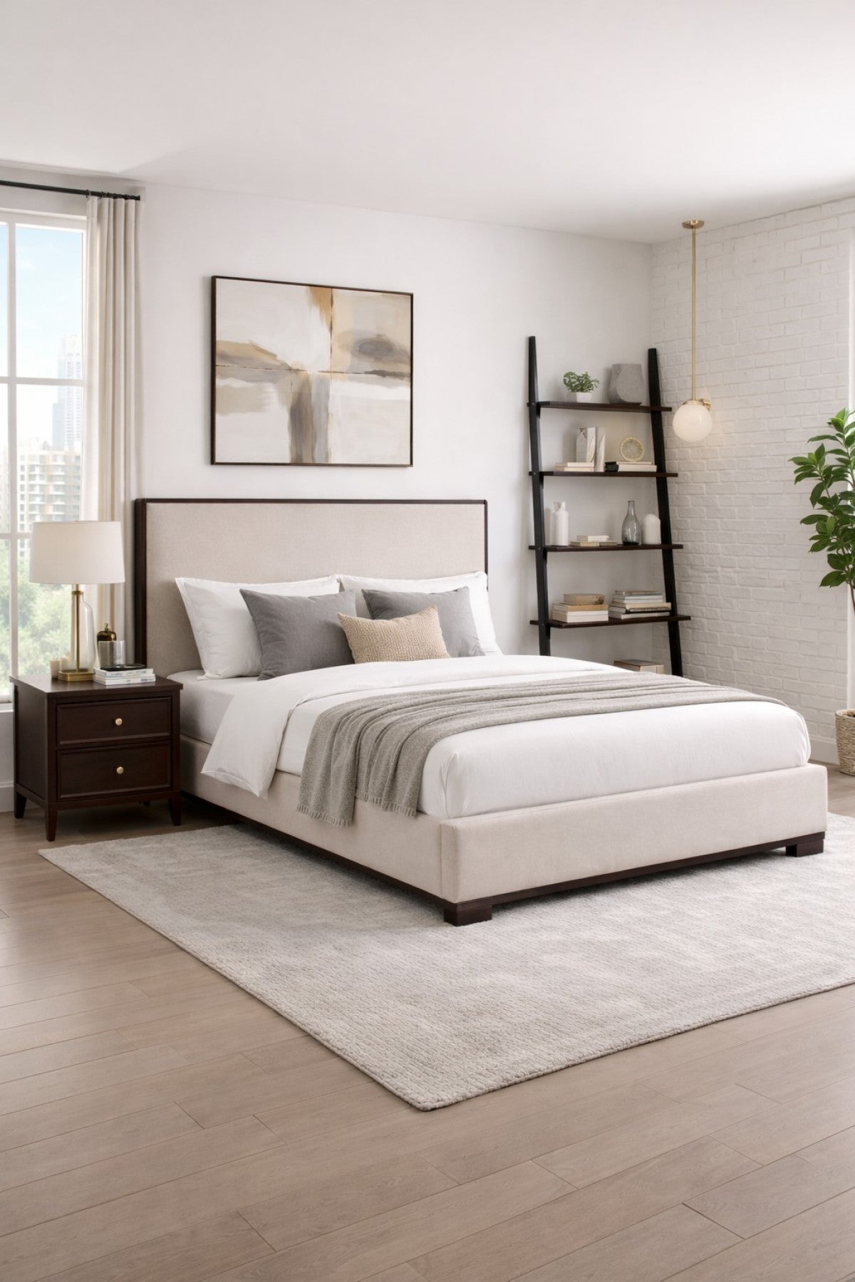 Upholstered Solid Wood Bed Frame – Beige