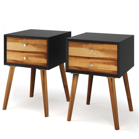 Nightstand with 2 Drawers, Bedside Table with Solid Wood Legs, Mid Century Modern End Side Table for Living Room, Bedroom, Small Space (2, Black)