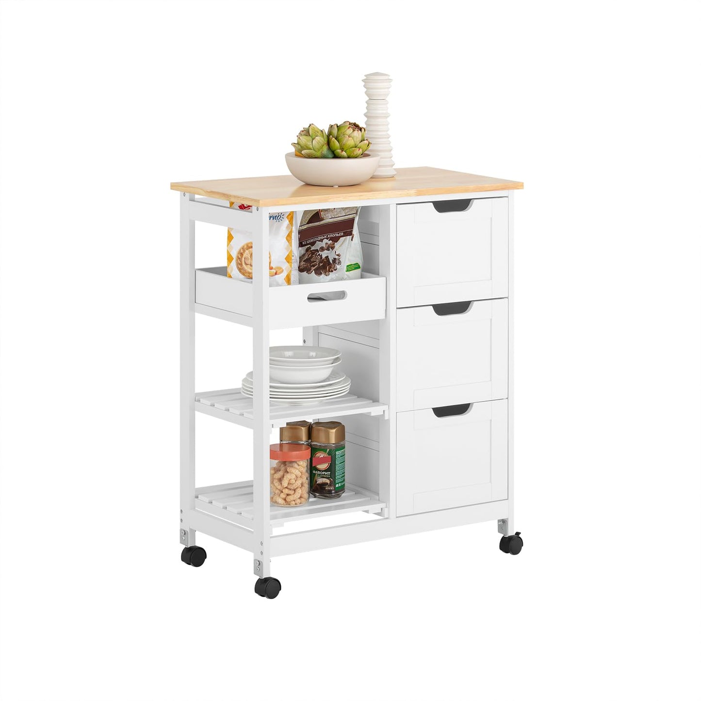 Kitchen Serving Cart with 3 Drawers and Removable Tray,Kitchen Storage Trolley,White