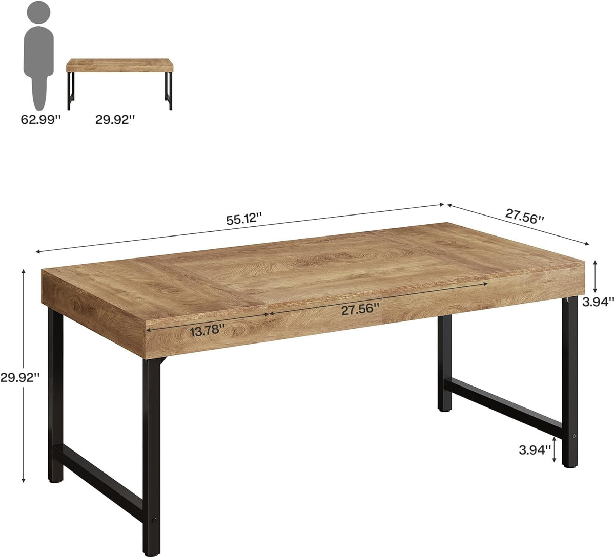 Farmhouse Dining Table, 55" Rectangular Kitchen Dinner Table for 4-6 People