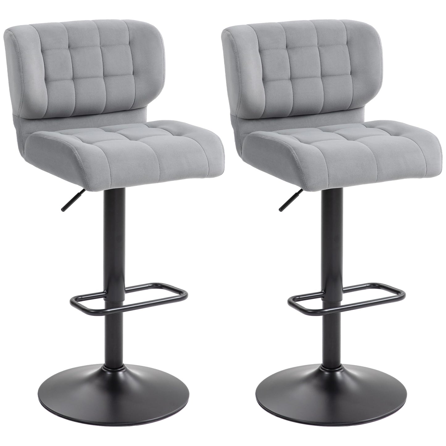 Adjustable Bar Stools Set of 2, Swivel Tufted Velvet Fabric Barstools with Footrest and Back, Bar Chairs for Kitchen Counter and Dining Room, Grey