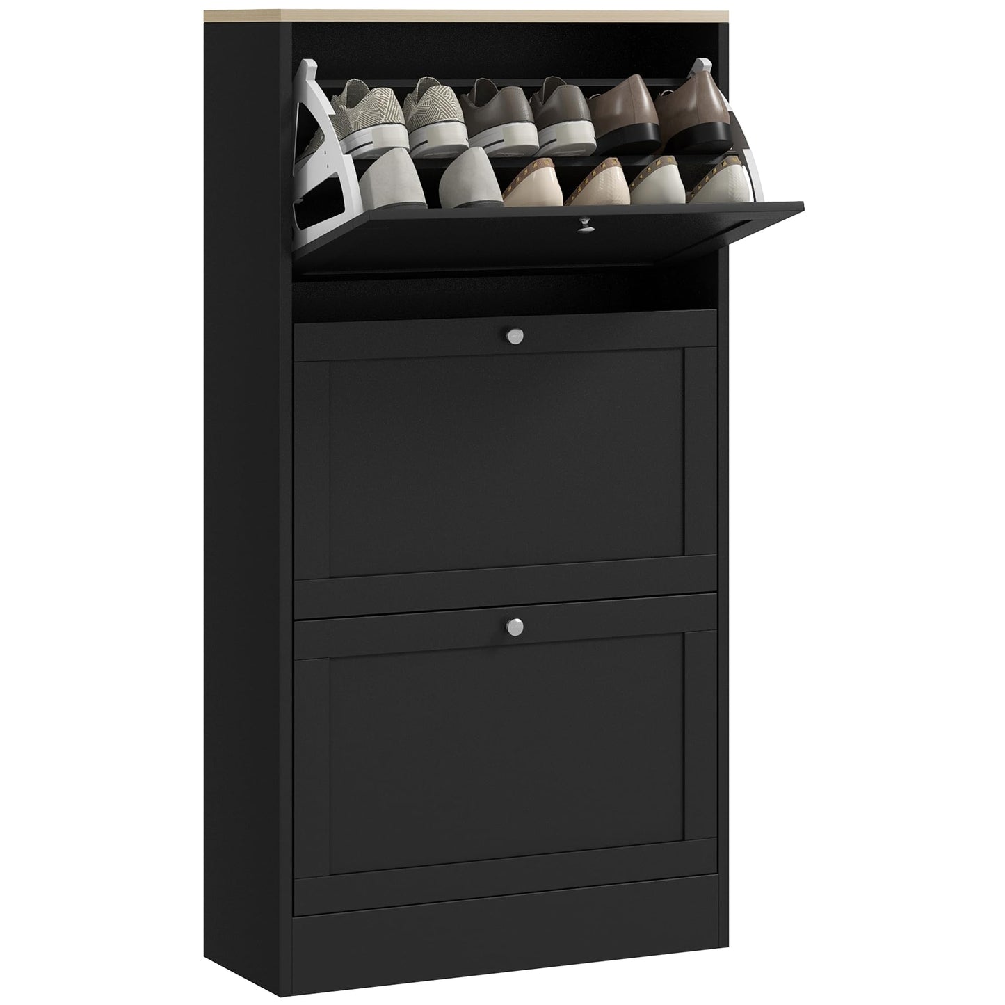 Narrow Shoe Cabinet with 3 Flip Drawers and Adjustable Shelves, Entryway Shoe Storage Unit for 18 Pairs of Shoes, Grey