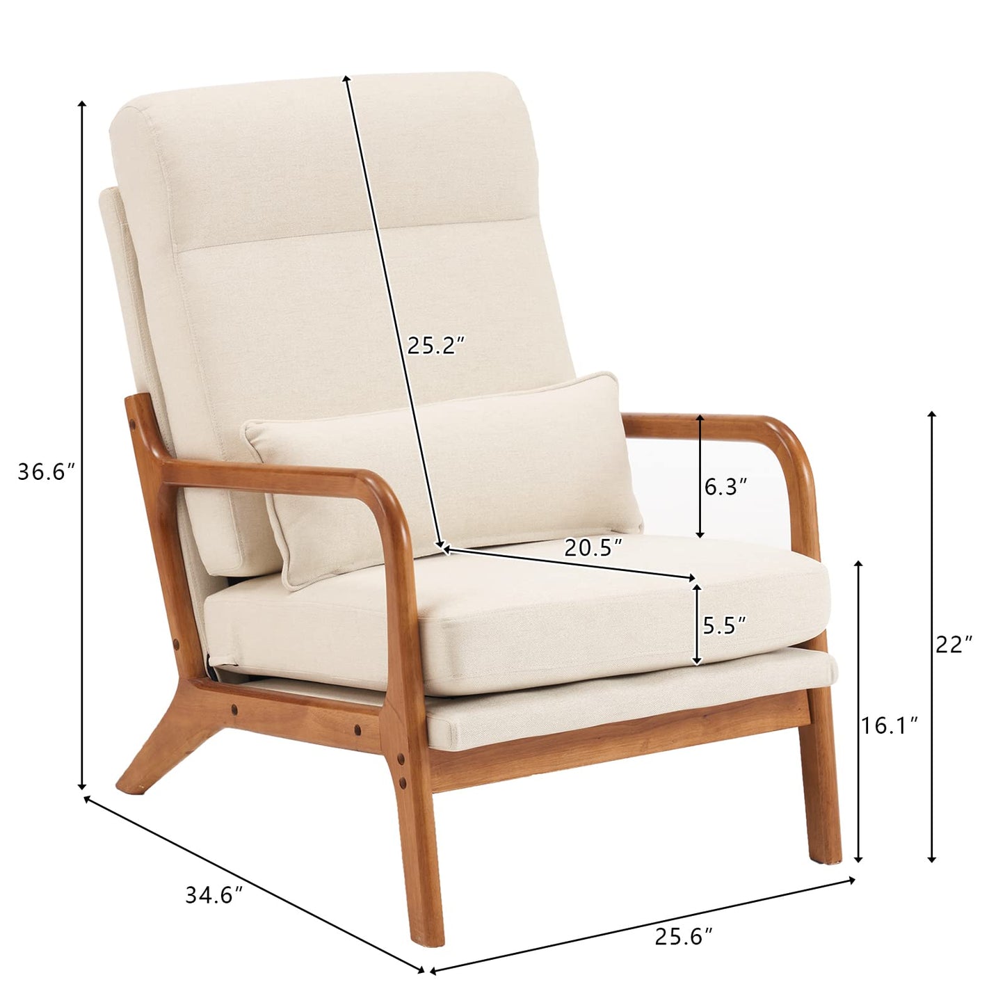 home Accent Chair Mid-Century Modern Chair with Pillow Upholstered Lounge Arm Chair with Solid Wood Frame & Soft Cushion for Living Room, Bedroom, Balcony, Linen Beige (Low Back)