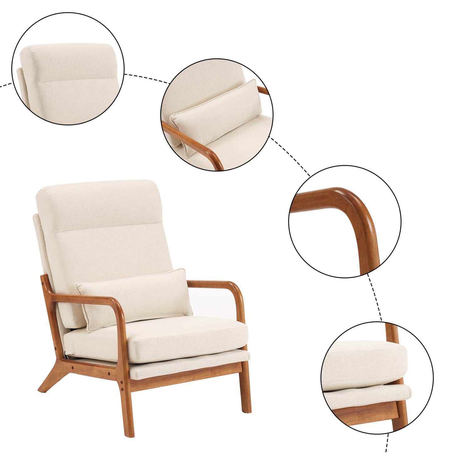 home Accent Chair Mid-Century Modern Chair with Pillow Upholstered Lounge Arm Chair with Solid Wood Frame & Soft Cushion for Living Room, Bedroom, Balcony, Linen Beige (Low Back)