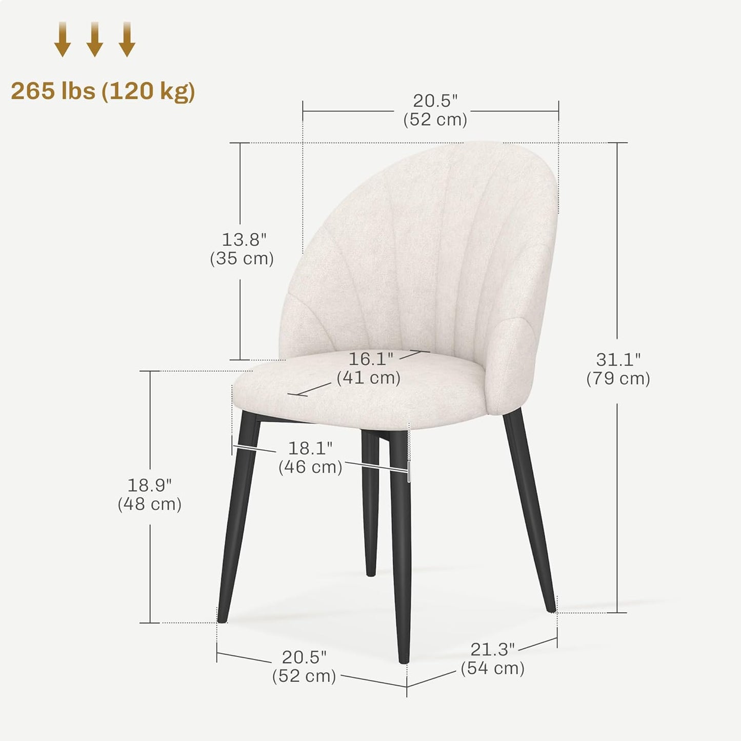 Dining Chairs Set of 4, Modern Upholstered Kitchen Chairs with Metal Legs, Shell Backrest and Padded Seat, Side Chairs for Dining Room, Bedroom, Living Room, Cream White