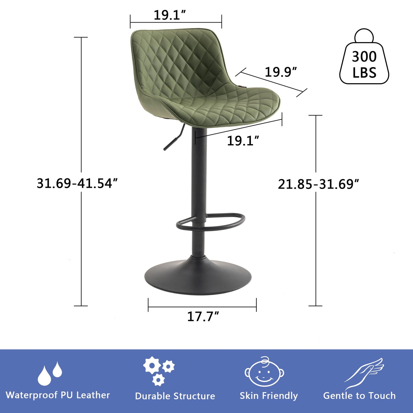 Grey Bar Stools Set of 2 Counter Height Bar Stool Faux Leather Upholstered Metal Barstools Modern Adjustable Swivel High Back Bar Chairs Home Kitchen Dining Island