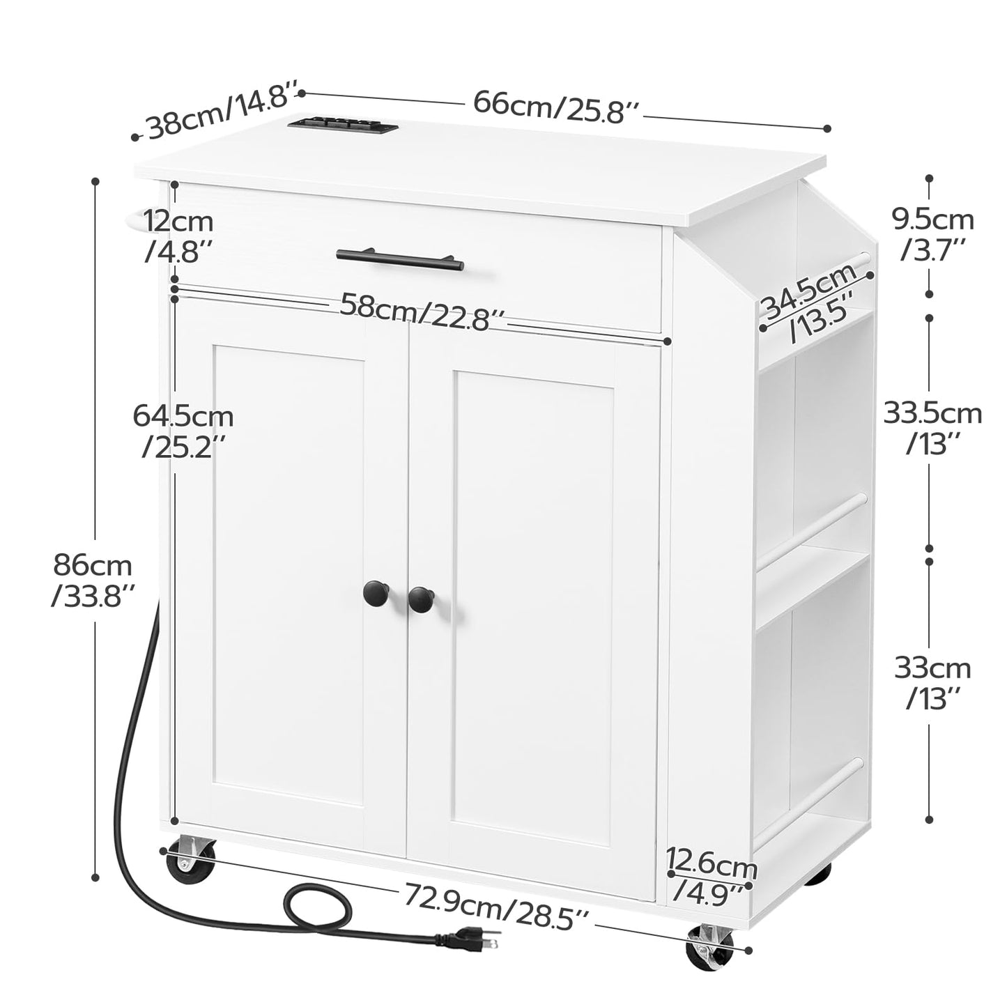 Kitchen Island with Power Outlet, Kitchen Storage Island with Spice Rack and Drawer, Rolling Kitchen Cart on Wheels, for Home, Kitchen and Dining Room, White and Natural WN82UZD01G1