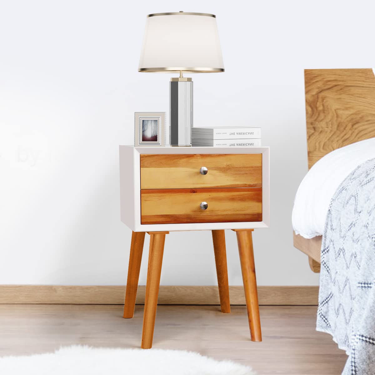 Nightstand with 2 Drawers, Bedside Table with Solid Wood Legs, Mid Century Modern End Side Table for Living Room, Bedroom, Small Space (2, Black)