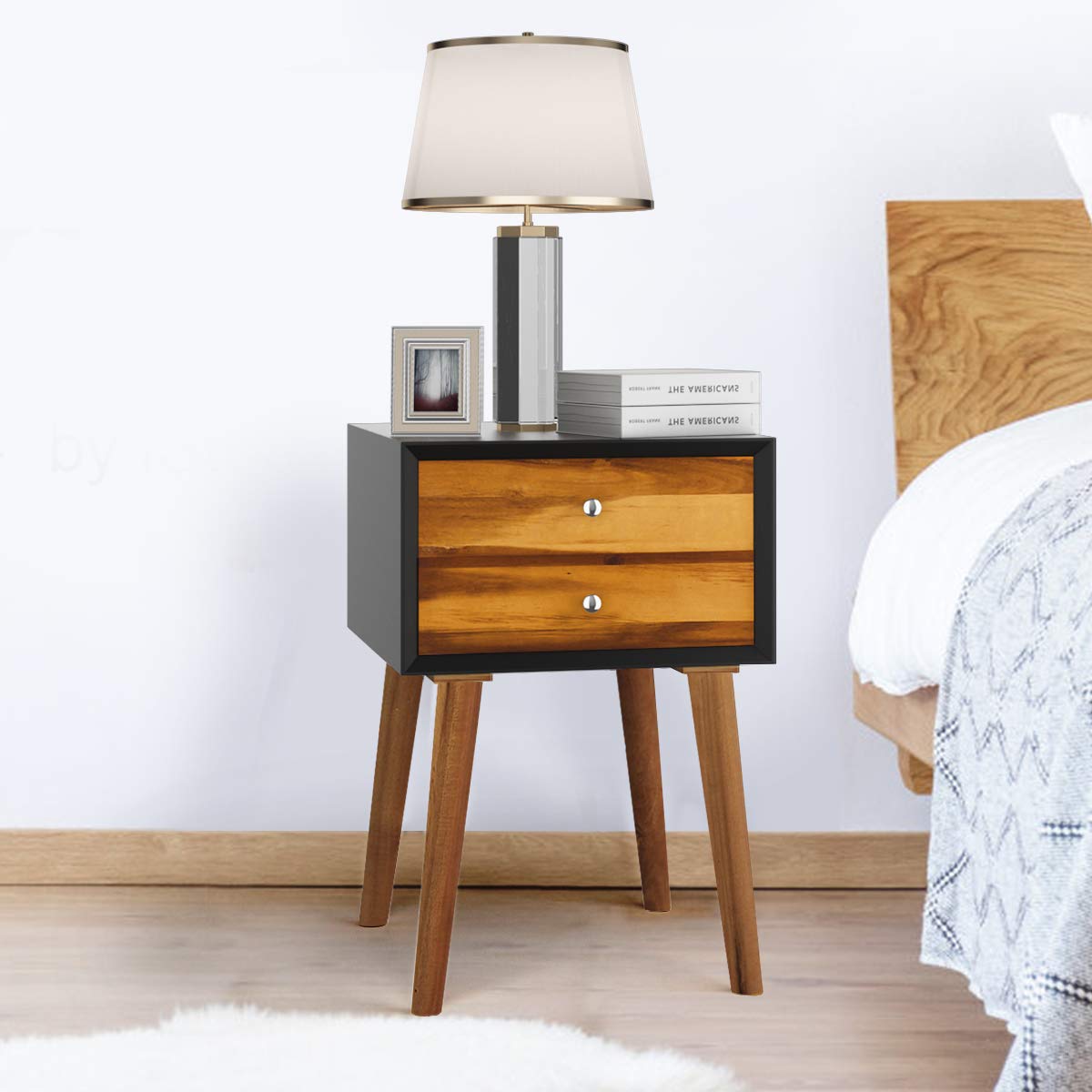 Nightstand with 2 Drawers, Bedside Table with Solid Wood Legs, Mid Century Modern End Side Table for Living Room, Bedroom, Small Space (2, Black)