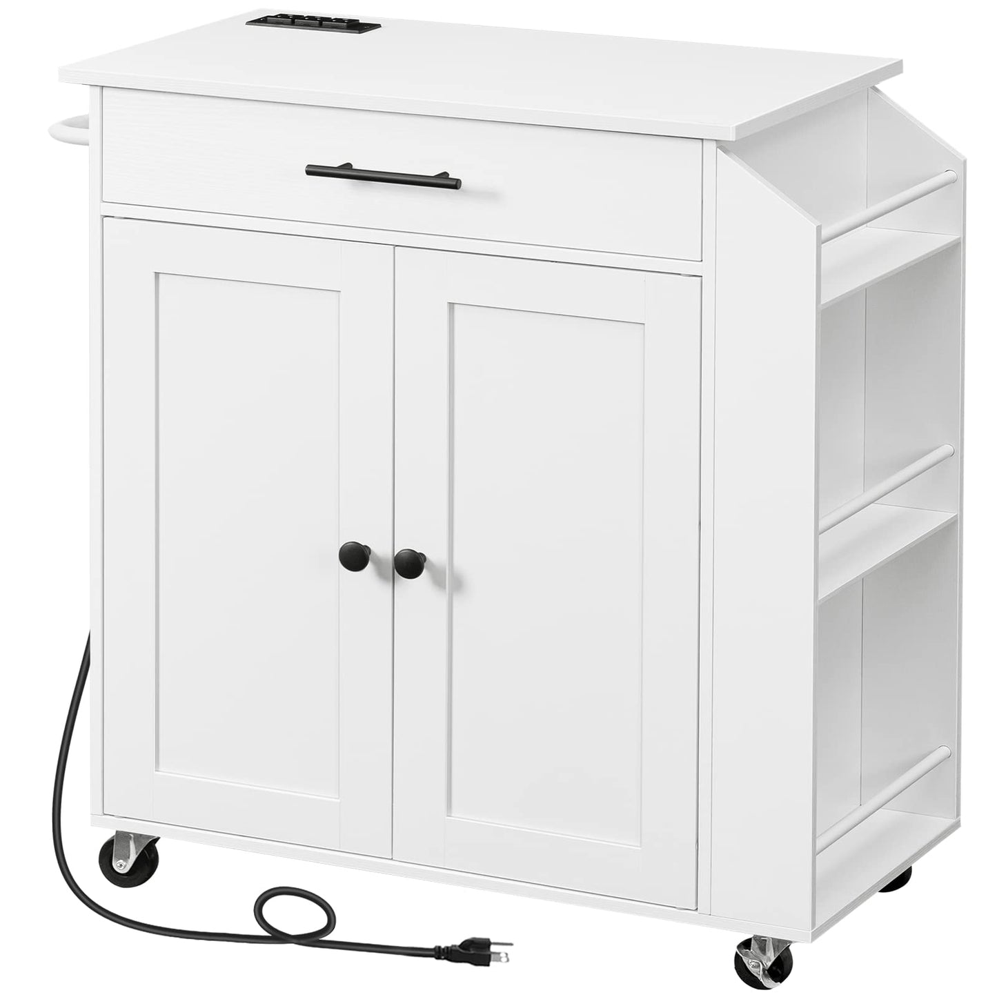 Kitchen Island with Power Outlet, Kitchen Storage Island with Spice Rack and Drawer, Rolling Kitchen Cart on Wheels, for Home, Kitchen and Dining Room, White and Natural WN82UZD01G1