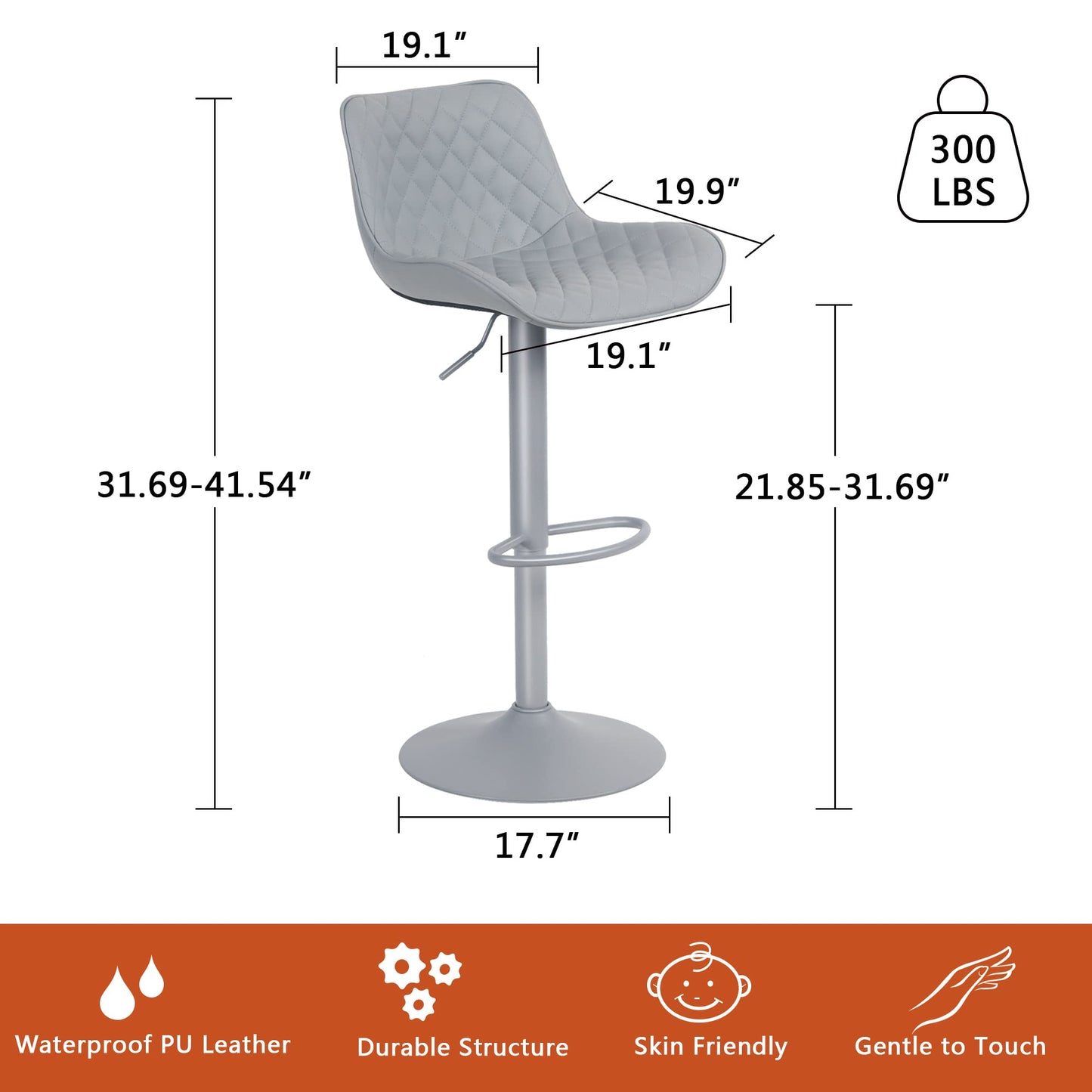 Grey Bar Stools Set of 2 Counter Height Bar Stool Faux Leather Upholstered Metal Barstools Modern Adjustable Swivel High Back Bar Chairs Home Kitchen Dining Island