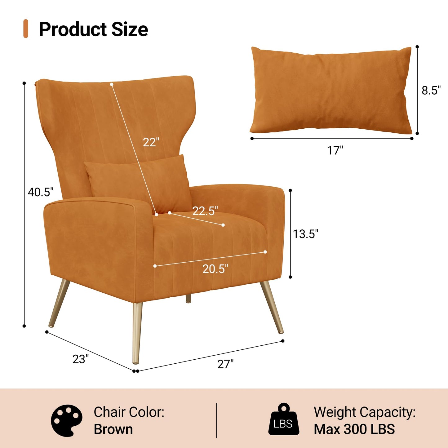 Daluvenix Upholstered Velvet Accent Chair, Modern Accent Chairs for Living Room, Reading Velvet Accent Chair with Metal Legs and Pillow, Comfy Tufted Armchair for Bedroom, Orange