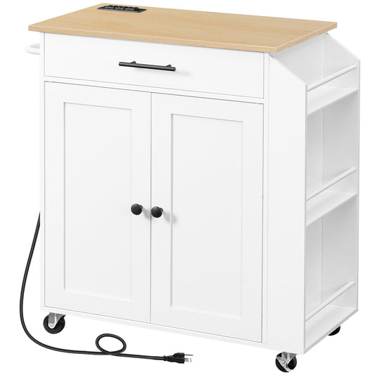 Kitchen Island with Power Outlet, Kitchen Storage Island with Spice Rack and Drawer, Rolling Kitchen Cart on Wheels, for Home, Kitchen and Dining Room, White and Natural WN82UZD01G1