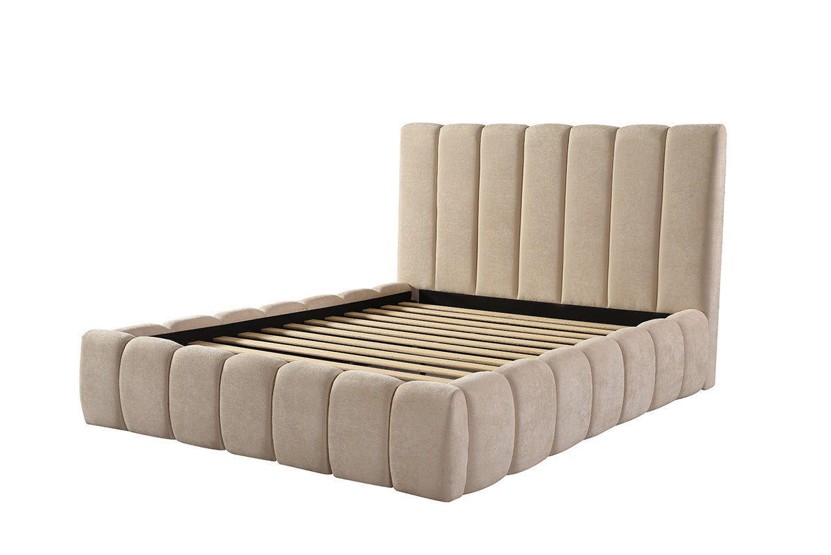 Channel-Tufted Bed Frame – Beige