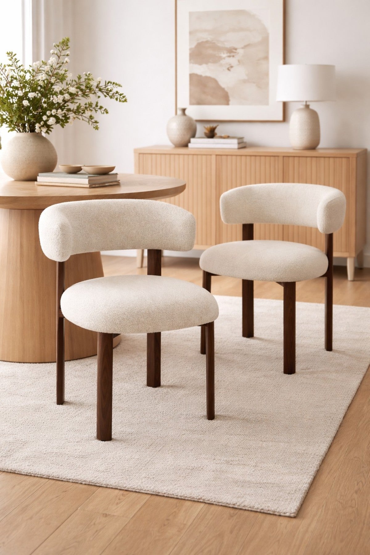 Curved Boucle Dining Chair, Set of 2 – Walnut/Beige