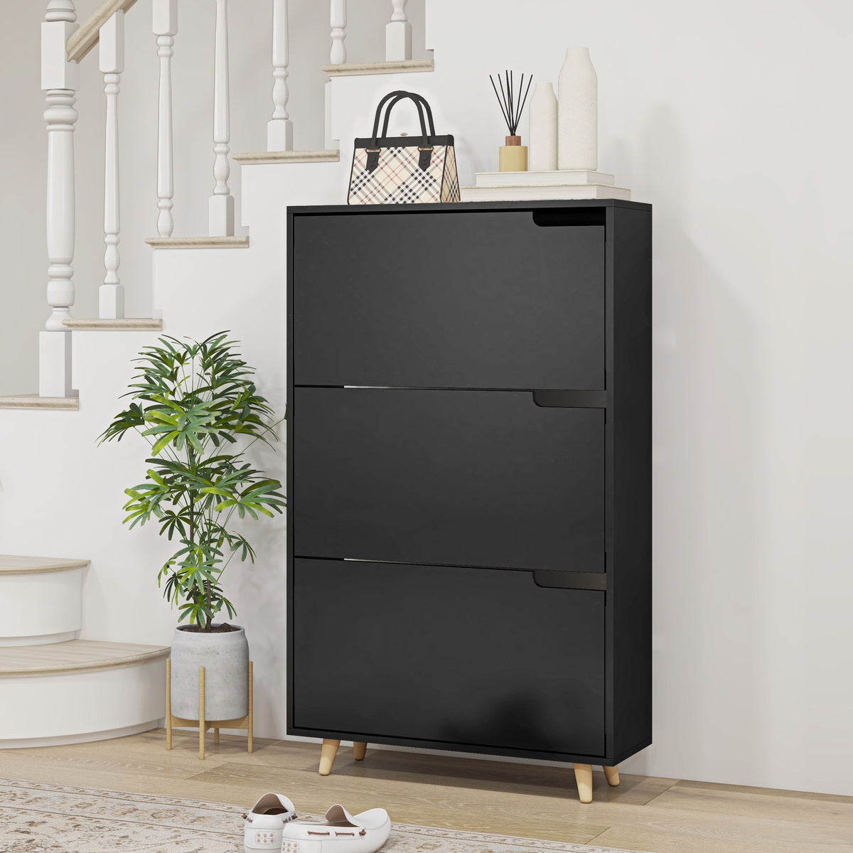 Slim Shoe Storage Cabinet with 3 Flip Drawers – 28"W x 47"H