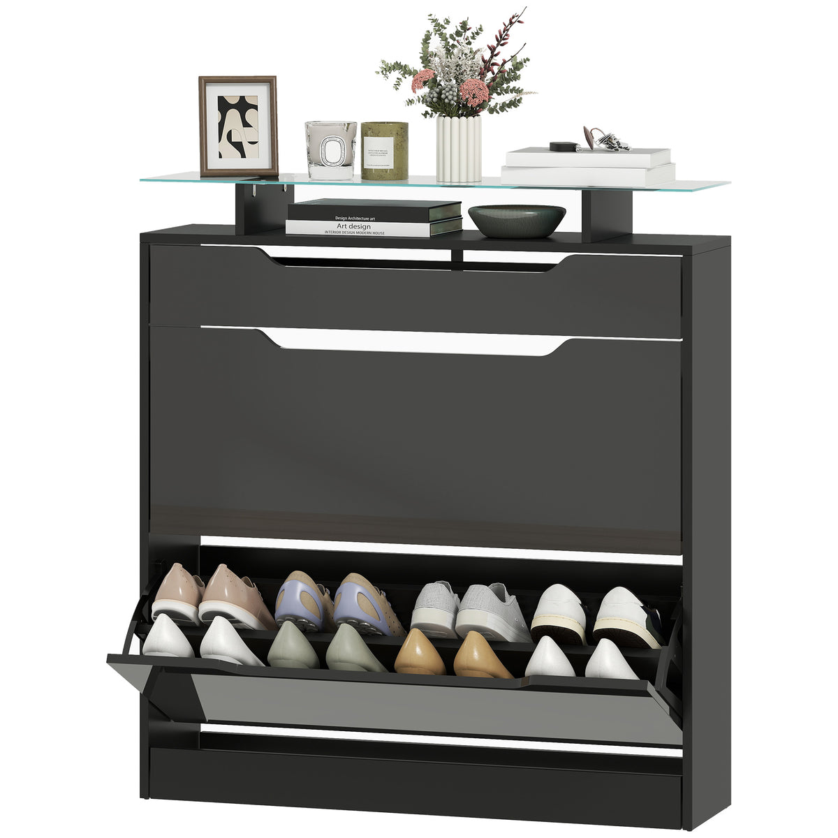 High Gloss Shoe Cabinet with 2 Flip Drawers – 35"W x 38"H