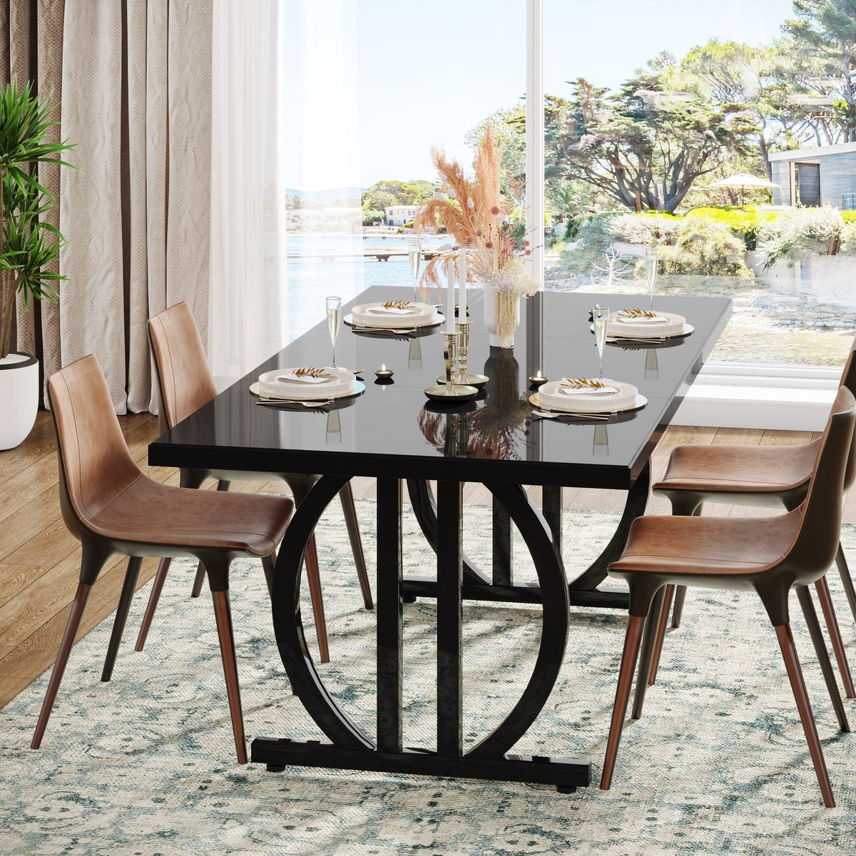 63" Dining Table for 4-6 People, Modern Kitchen Dinner Table with Metal Frame