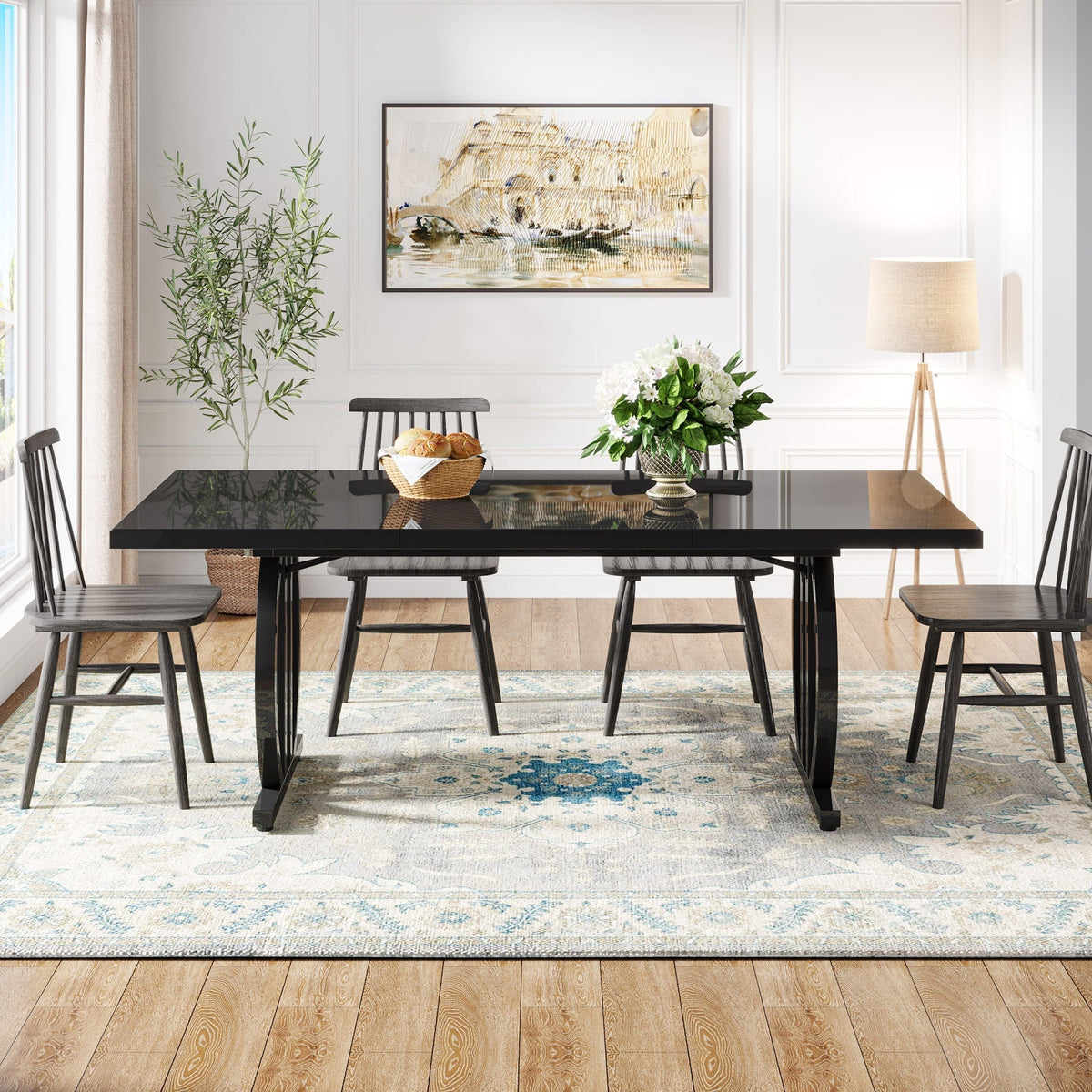 63" Dining Table for 4-6 People, Modern Kitchen Dinner Table with Metal Frame