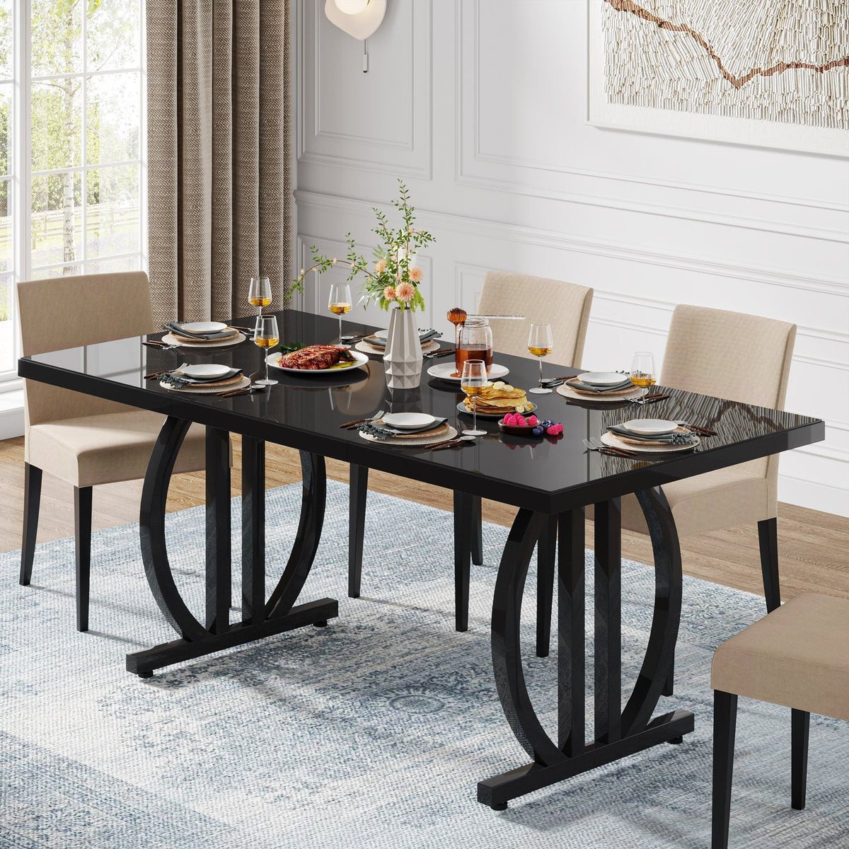63" Dining Table for 4-6 People, Modern Kitchen Dinner Table with Metal Frame