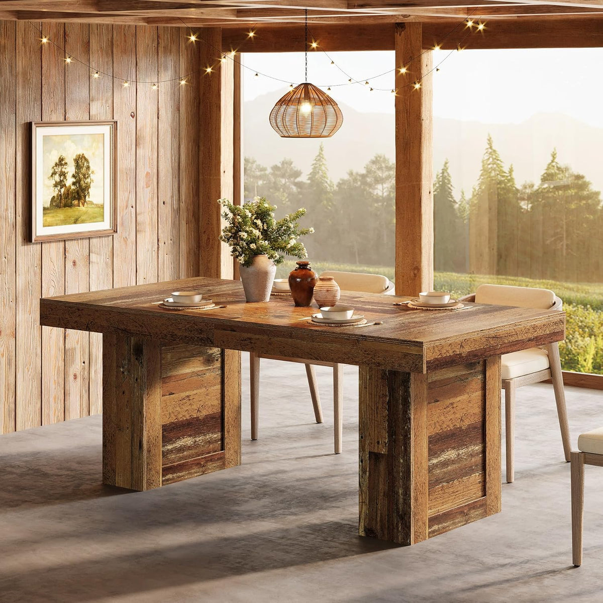 63" Dining Table, Rectangle Farmhouse Kitchen Dinner Table for 6 People