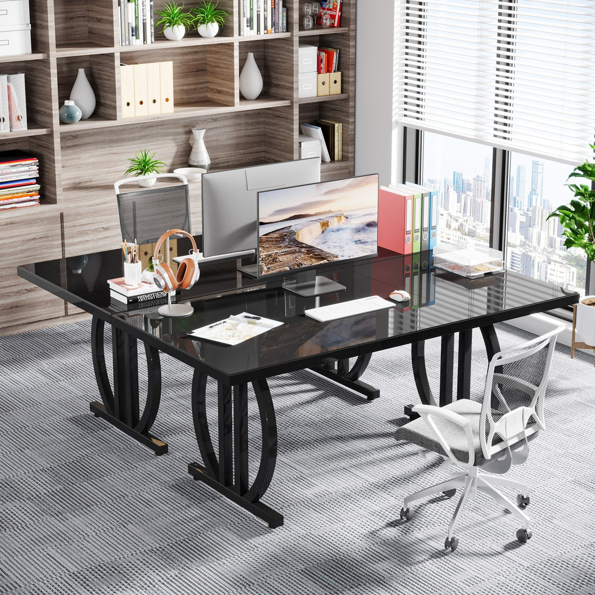 63" Executive Desk, Modern Computer Desk with Metal Geometric Base
