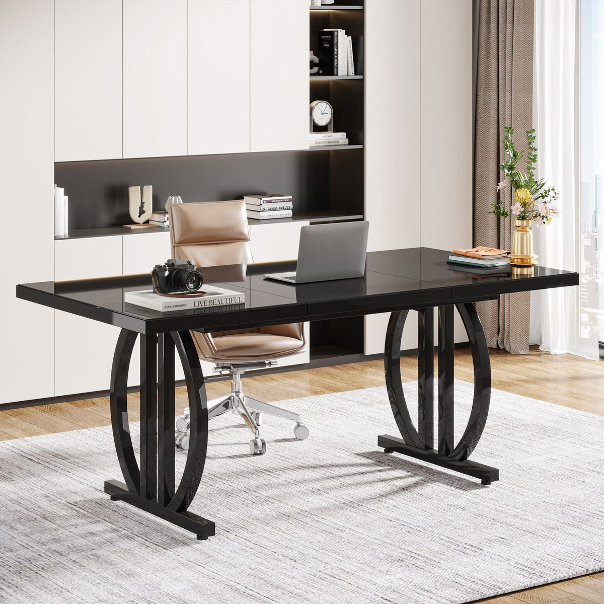 63" Executive Desk, Modern Computer Desk with Metal Geometric Base