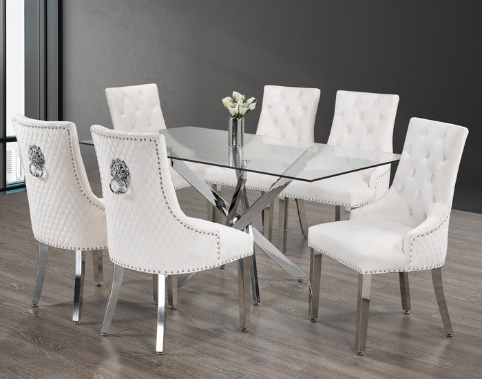 63" Glass Dining Set with Chrome X-Legs – Choose Your Chairs