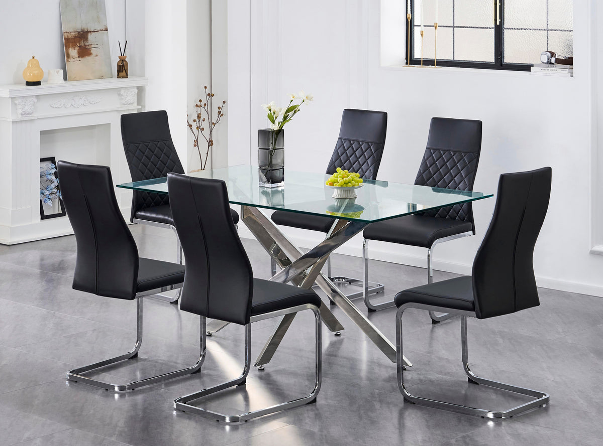 63" Glass Dining Set with Chrome X-Legs – Choose Your Chairs