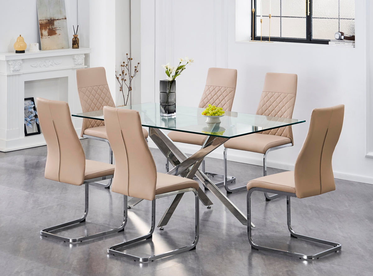 63" Glass Dining Set with Chrome X-Legs – Choose Your Chairs