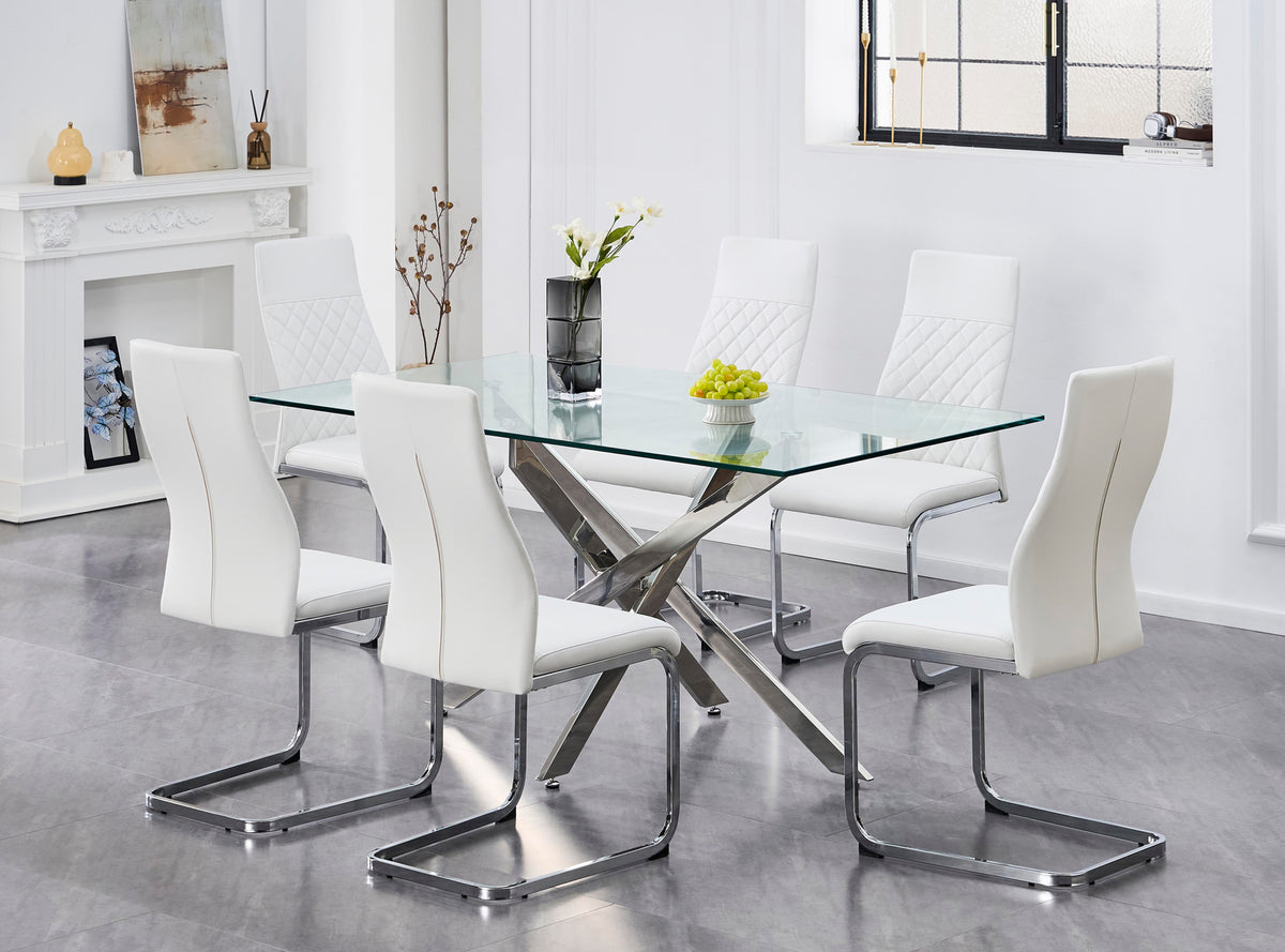 63" Glass Dining Set with Chrome X-Legs – Choose Your Chairs